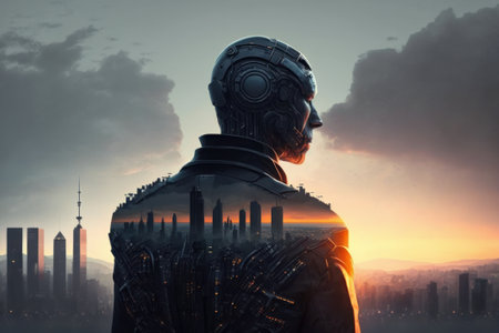 Ai intelligence in a space suit. Futuristic and cyberpunk city. Digital painting with double exposure styleの素材