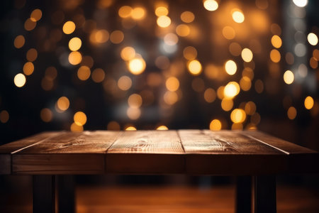 Empty wooden table in front of abstract bokeh lights background.の素材