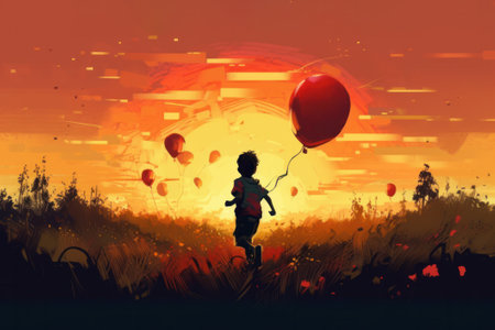 Kid running with balloon in the meadow at sunset. Illustrationの素材