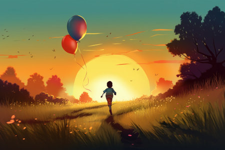 Illustration of a little girl running with balloons in the field at sunsetの素材
