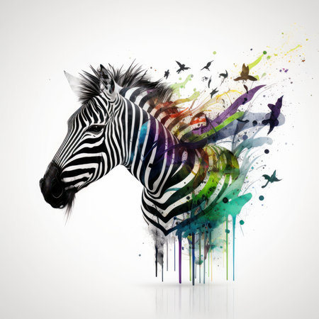 Zebra head with colorful splashes and blots on white backgroundの素材