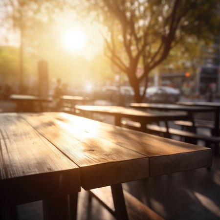 Empty wooden table and chair in coffee shop with sunset light background.の素材