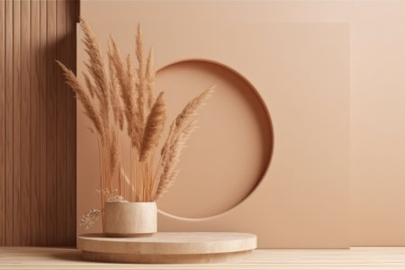 Pampas grass in vase on wooden podium. 3D renderingの素材