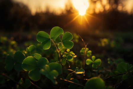Green clover leaves in the rays of the setting sun, close-up. Shallow depth of field. Nature backgroundの素材