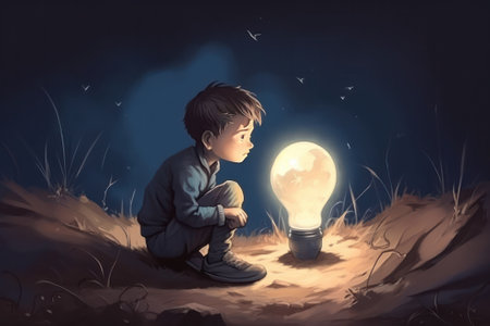 Little boy sitting on the ground and looking at a glowing light bulbの素材
