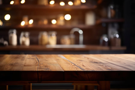 Empty wooden table and blurred background of bar interior. For product displayの素材