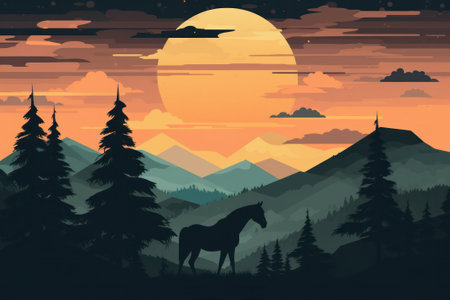 Horse in the mountains at sunset. Digital illustration in retro styleの素材