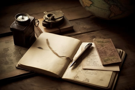 Vintage still life with old book, pen, camera and mapの素材