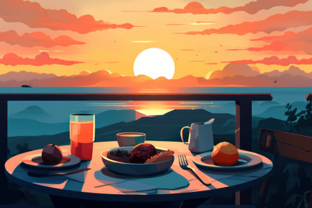 Table with breakfast on terrace overlooking the sea at sunset. Vector illustrationの素材