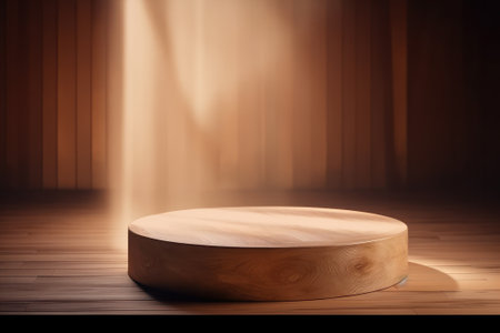 Wooden podium on a wooden floor in the room. 3d renderingの素材
