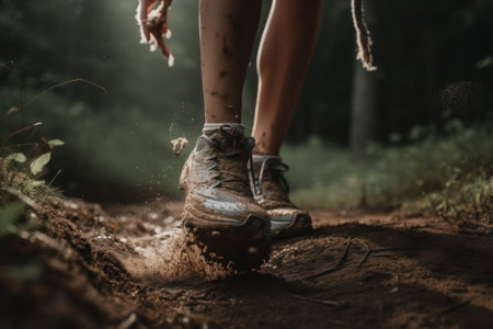 Athletic woman running on trail in forest. Fitness and healthy lifestyle concept. Close-up of a woman's legs on a dirt trail.の素材