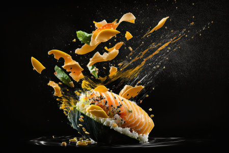 Sushi with flying ingredients and splashes on a black background.の素材