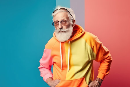 stylish senior man in colorful hoodie and sunglasses looking at camera on colorful backgroundの素材