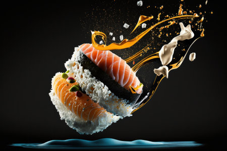 Sushi roll with salmon, caviar and cream splash on black backgroundの素材
