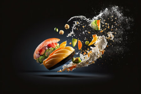 Flying sushi with flying ingredients on black background. Food levitation conceptの素材