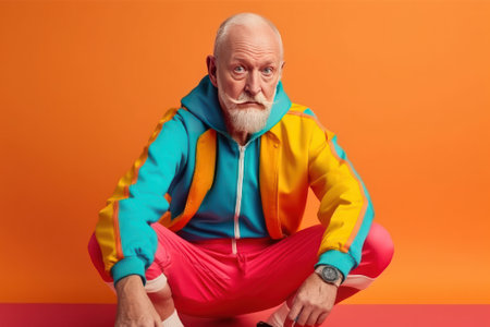 Funny senior man in colorful sportswear on orange background.の素材