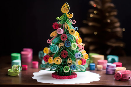Christmas tree made of multicolored paper on a wooden background.の素材