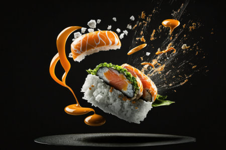 Sushi roll with flying ingredients on black background. Sushi menuの素材