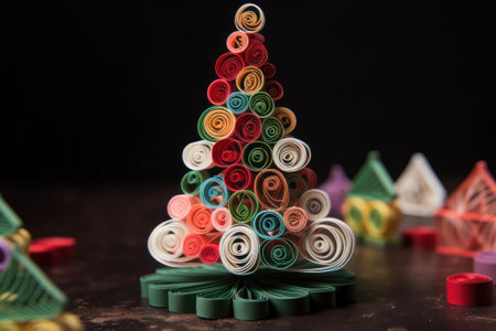 Christmas tree made of colourful paper on black background. Christmas and New Year concept.の素材