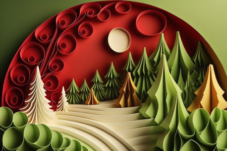 3d illustration of paper craft Christmas tree with red circle on green backgroundの素材