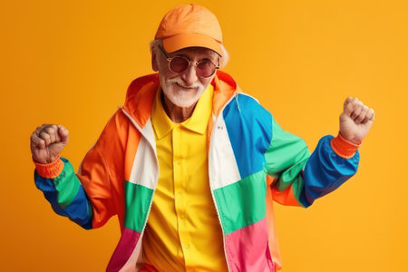Cheerful senior man in a colourful jacket and cap dancing on yellow backgroundの素材