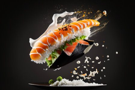 Sushi with flying ingredients on black background. Japanese food concept.の素材