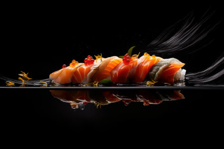 Sushi roll with salmon and caviar on a black background.の素材