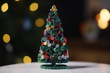 Christmas tree made of colorful paper rolls on white marble table with bokeh backgroundの素材