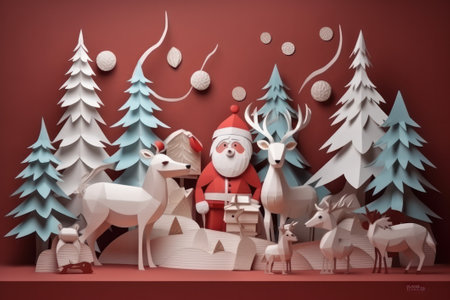 Santa Claus and reindeers in Christmas decorations. 3D renderingの素材