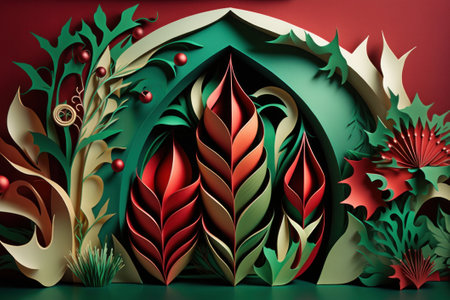 3D illustration of abstract geometric composition with green leaves and red berriesの素材