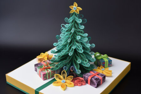 Christmas tree made of colourful gift boxes on black background with copy spaceの素材