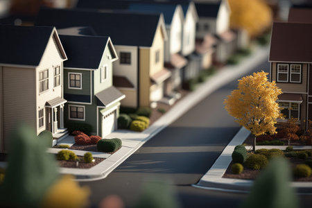 Miniature model of a residential area with trees on the ground.の素材