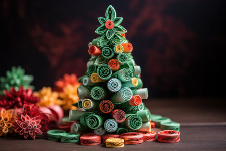 Christmas tree made of colorful ribbons and candle on wooden background.の素材