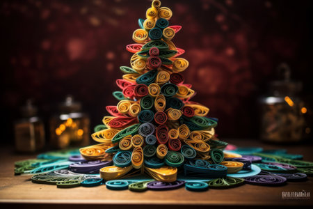 Christmas tree made of colorful ribbons on a wooden table. Christmas background.の素材