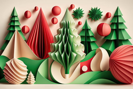 Paper Christmas trees and balls in paper cut style. Digital illustration.の素材