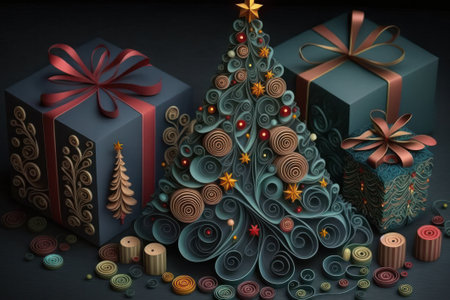 Christmas tree and gift boxes on dark background. 3D illustration.の素材
