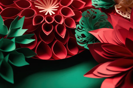 Paper flowers on a green background. 3D rendering, 3D illustration.の素材