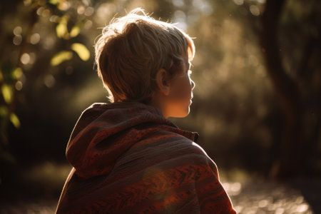 Back view of a boy wrapped in a blanket looking away at sunsetの素材