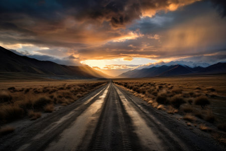 Dramatic sunset over the road in Patagonia, Argentinaの素材