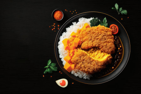 Crispy fried pork cutlet with rice and vegetables on a black backgroundの素材