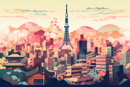 Tokyo skyline with Tokyo Tower. Digital illustration in retro style.の素材