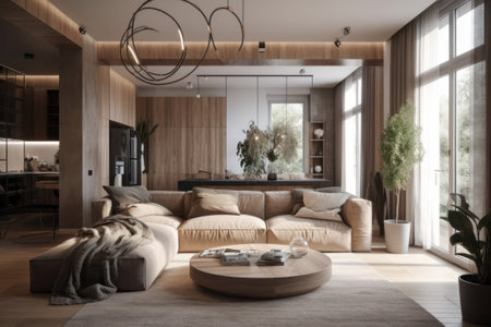 Interior of modern living room with wooden walls, concrete floor, comfortable beige sofa and coffee table. 3d renderingの素材