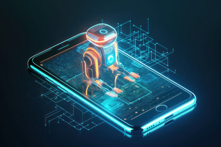 Smartphone with a robot on screen, 3D rendering toned imageの素材