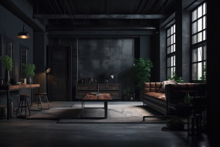 Interior of modern living room with dark gray walls, concrete floor, comfortable sofa and coffee table. 3d renderingの素材