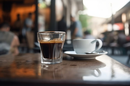 Coffee cup on the table in the coffee shop at sunset background., generative Aiの素材