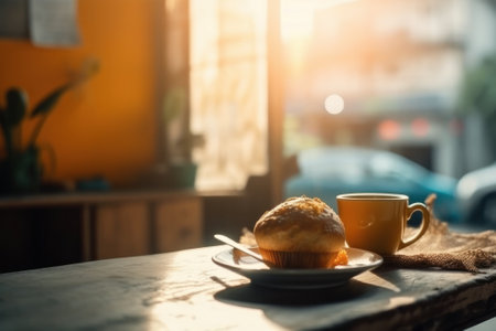 Coffee cup and bread on wooden table in coffee shop.の素材