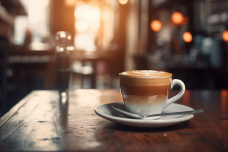Coffee cup on a wooden table in a coffee shop with sunlight, generative Aiの素材