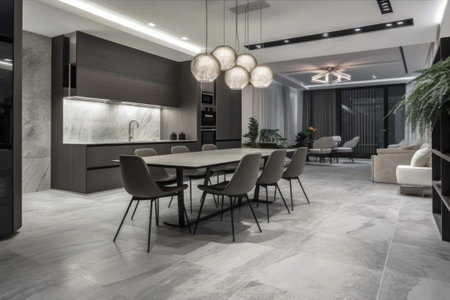 Interior of modern dining room with white marble floor and grey wallの素材