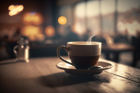 Coffee cup on wooden table in coffee shop, illustration, Generative Aiの素材