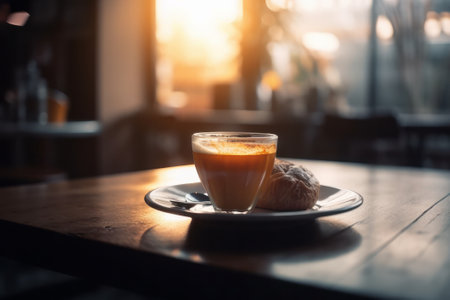 Coffee cup on wooden table in a coffee shop with sunlight backgroundの素材